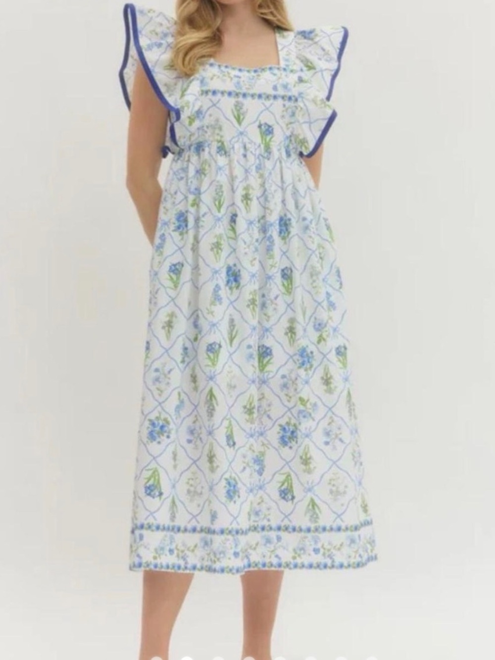 Blue & Green Floral Maxi Dress with Flutter Sleeves